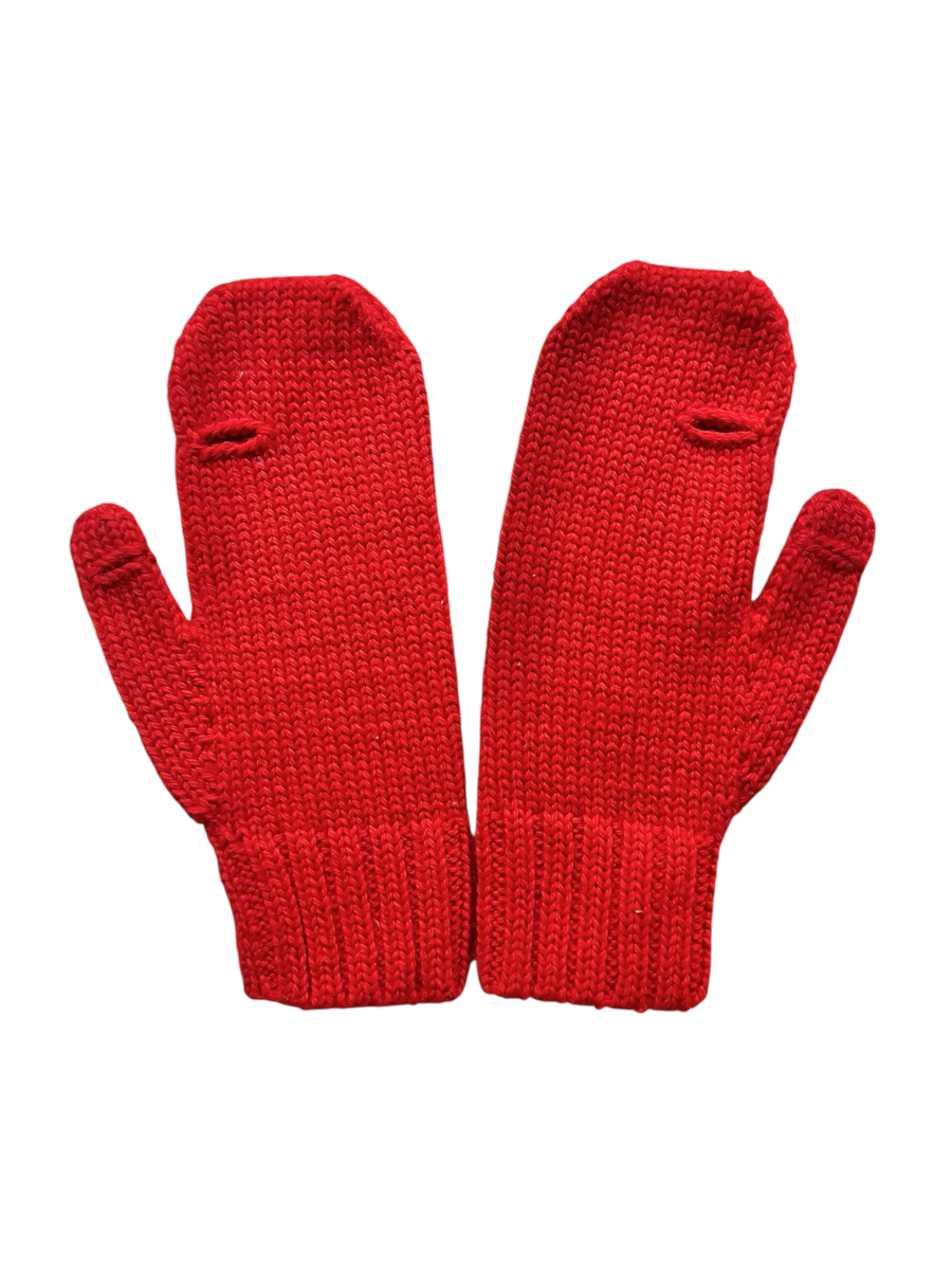 A pair of red knitted mittens with a heart design on the front, displayed against a white background.