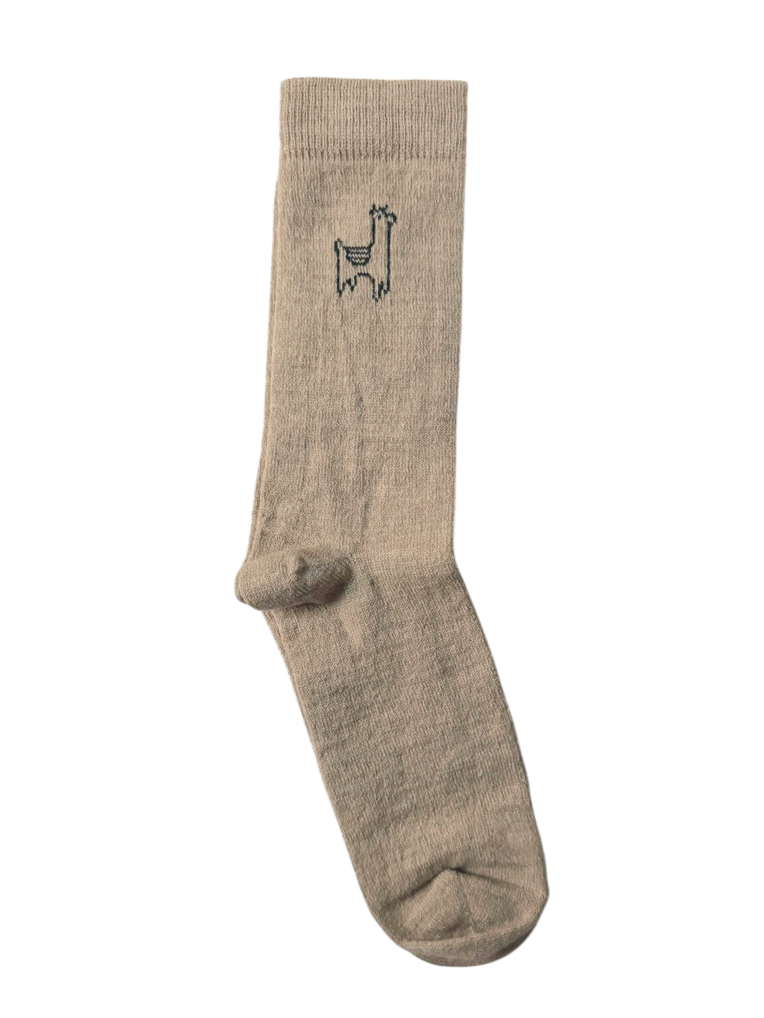 A pair of beige alpaca socks with a small alpaca yapa logo on the ankle area.