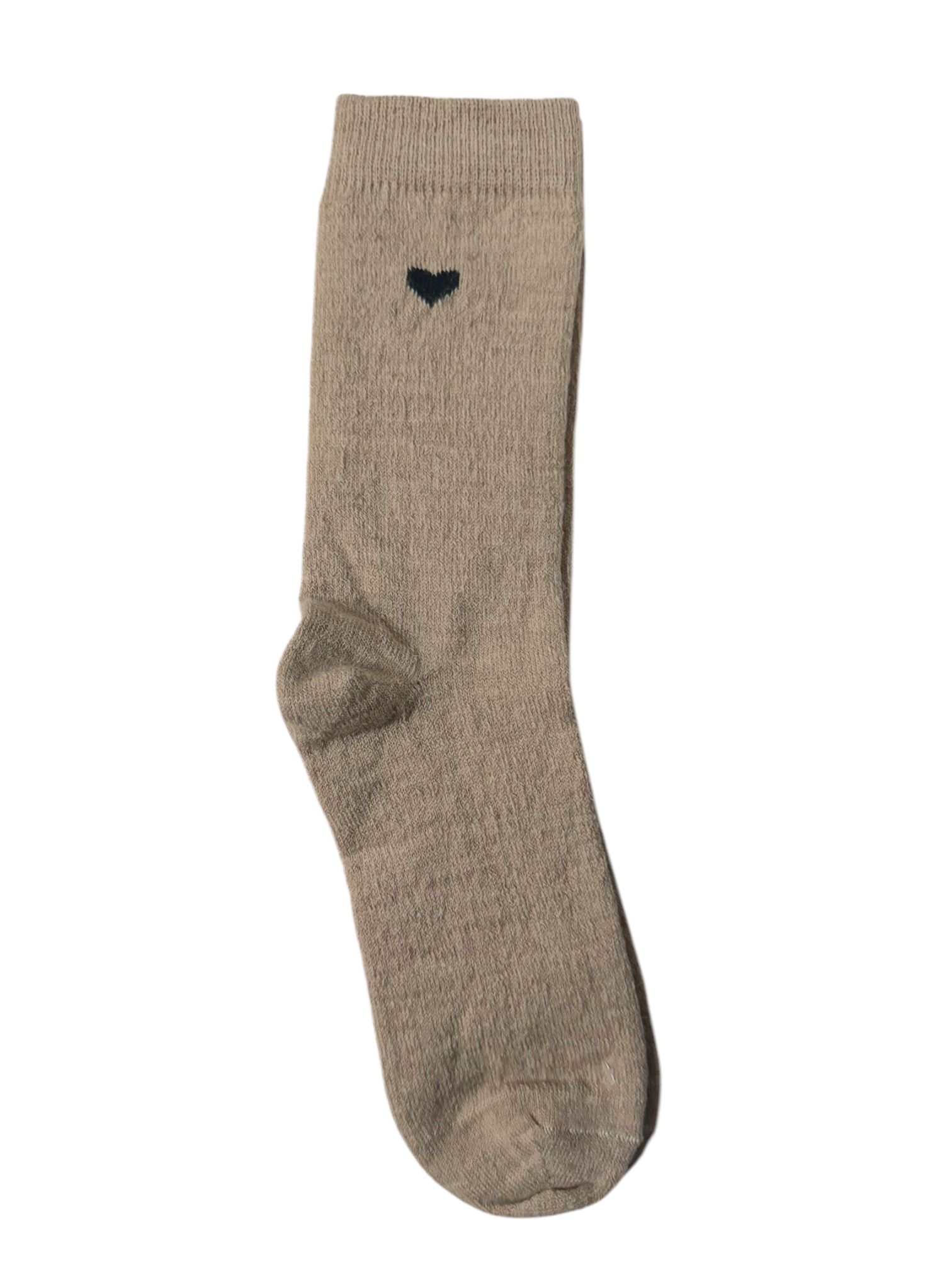 A pair of beige alpaca socks with a heart design on the ankle area.