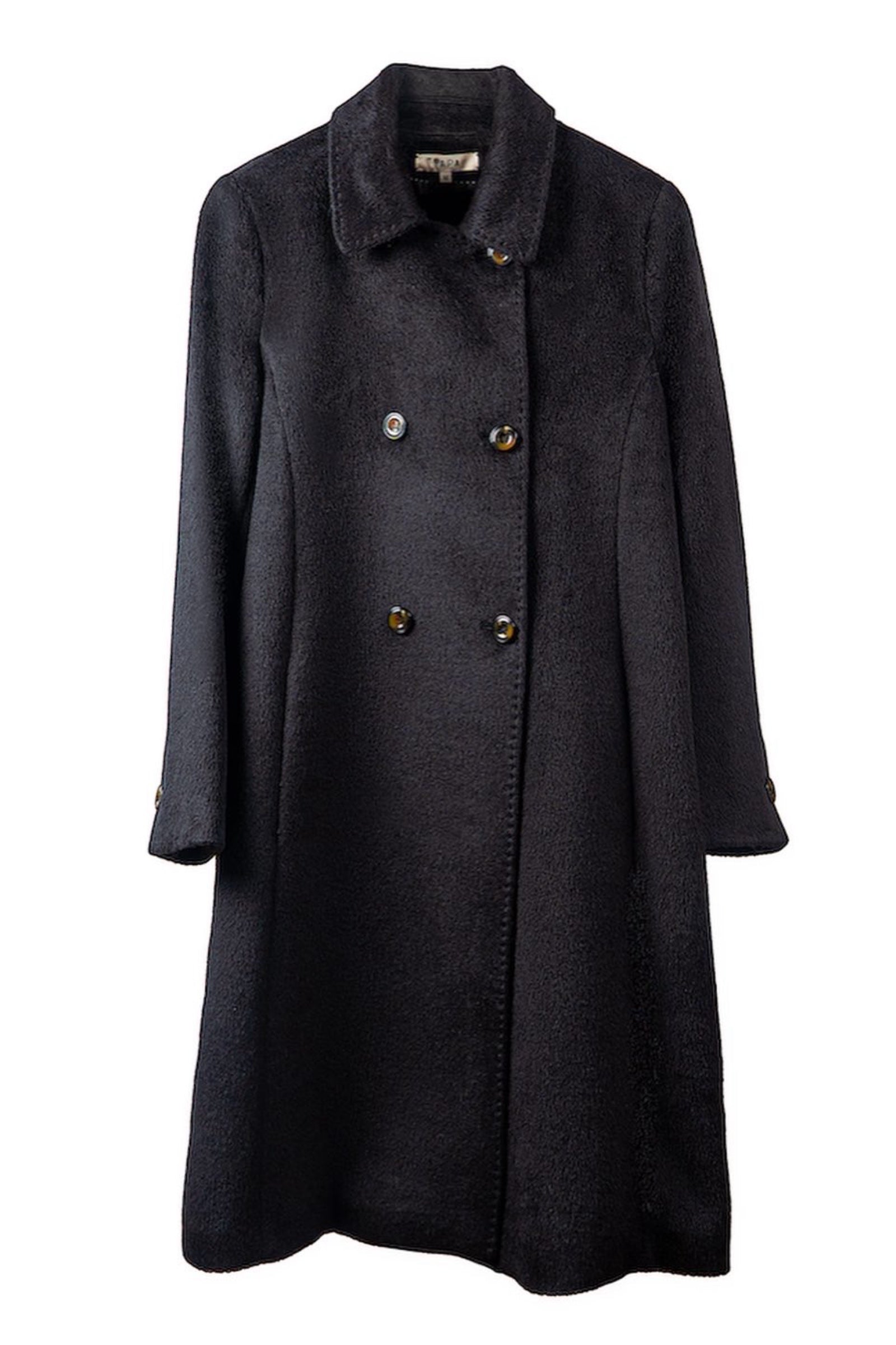 black alpaca suri coat double button long  over a white background