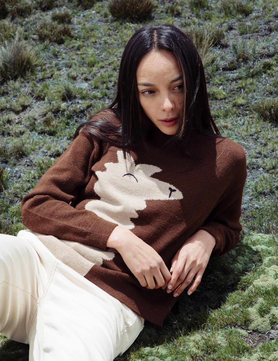 Woman wearing a brown sweater with a white design, sitting on grass.