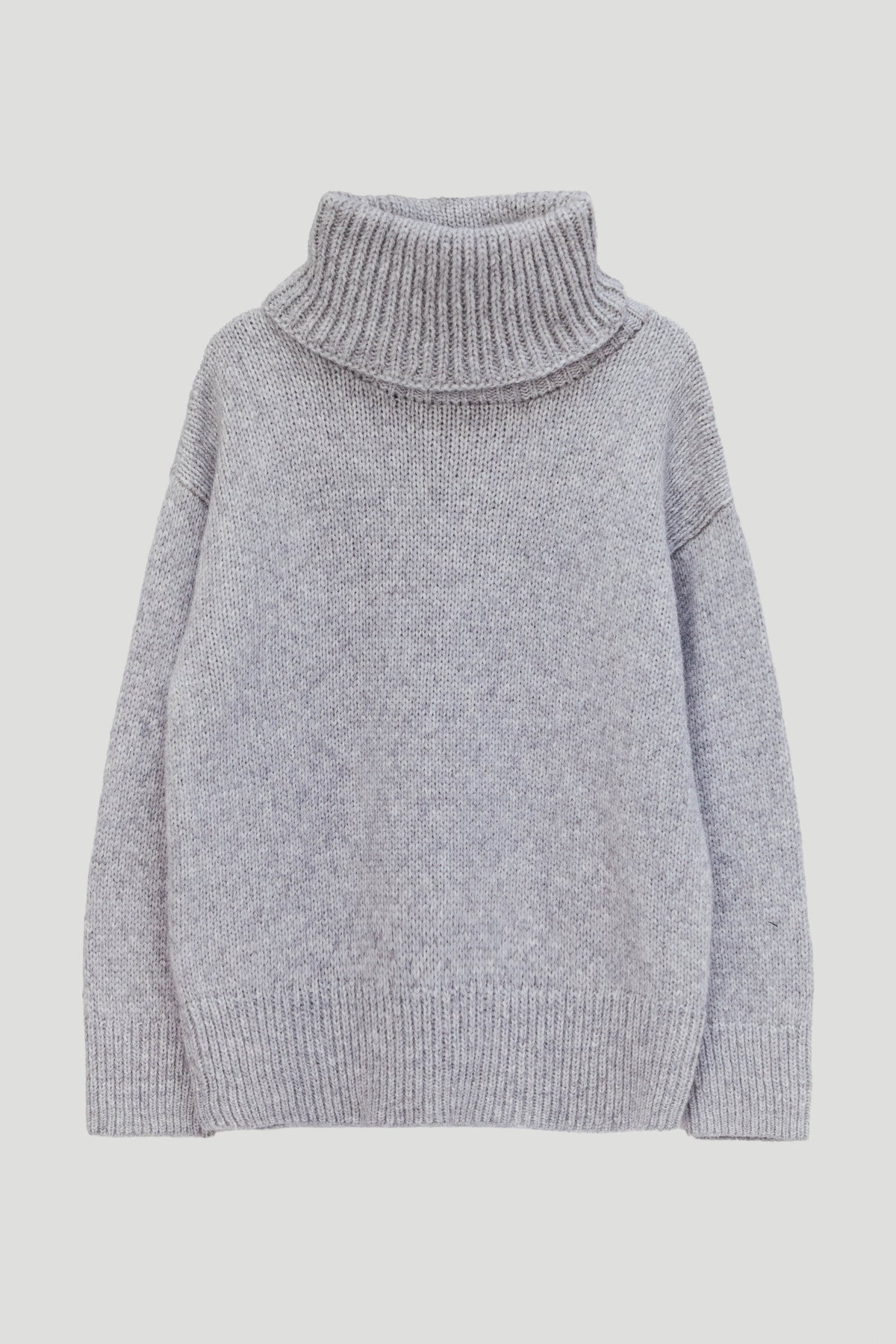 A light gray knit turtleneck sweater with a ribbed collar, cuffs, and hem, displayed on a neutral light gray background.