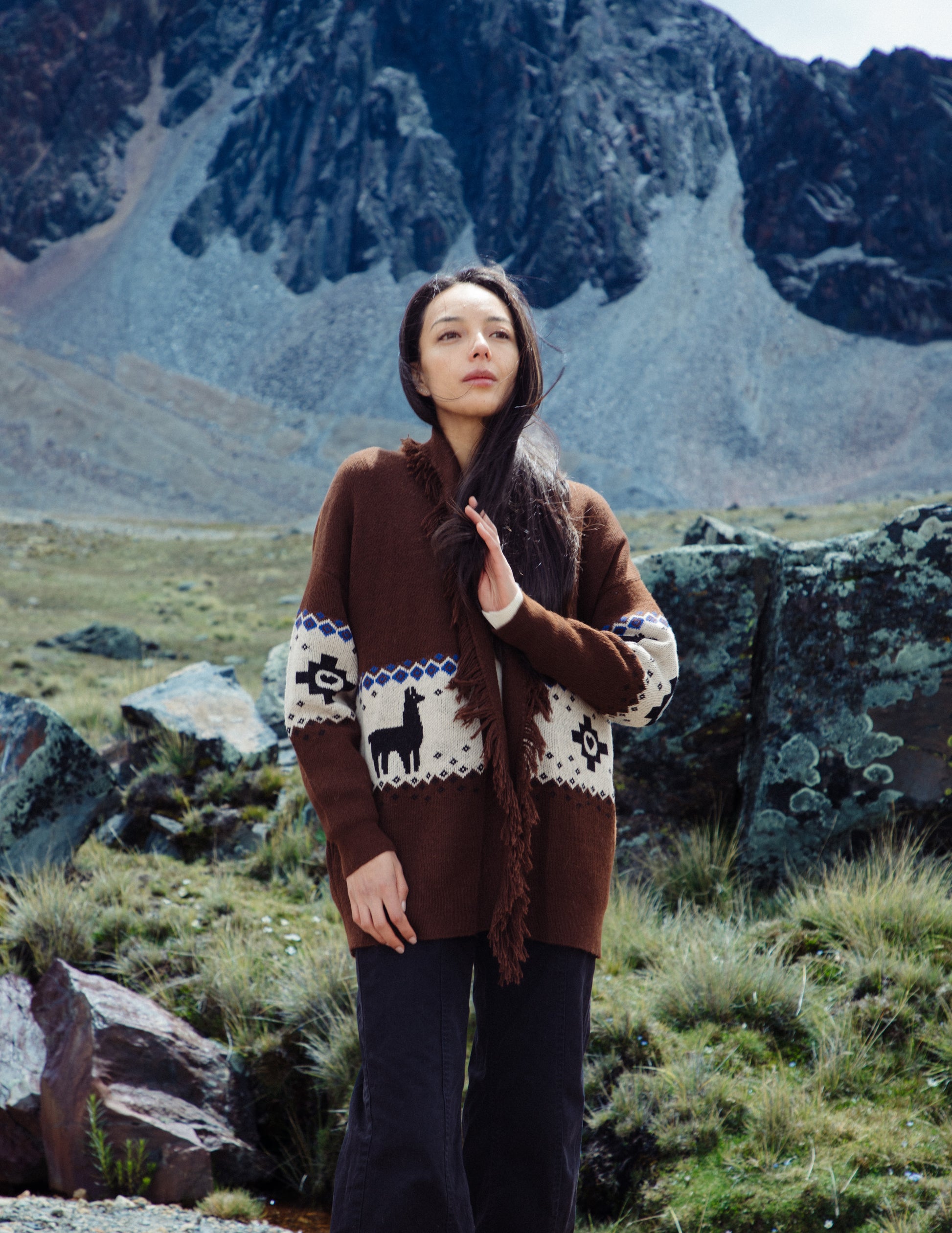 Woman wearing a brown sweater with llama designs in a mountainous landscape
