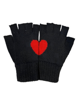 Load image into Gallery viewer, black alpaca knitted fingerless gloves with a red heart design that is formed when the hands are put together
