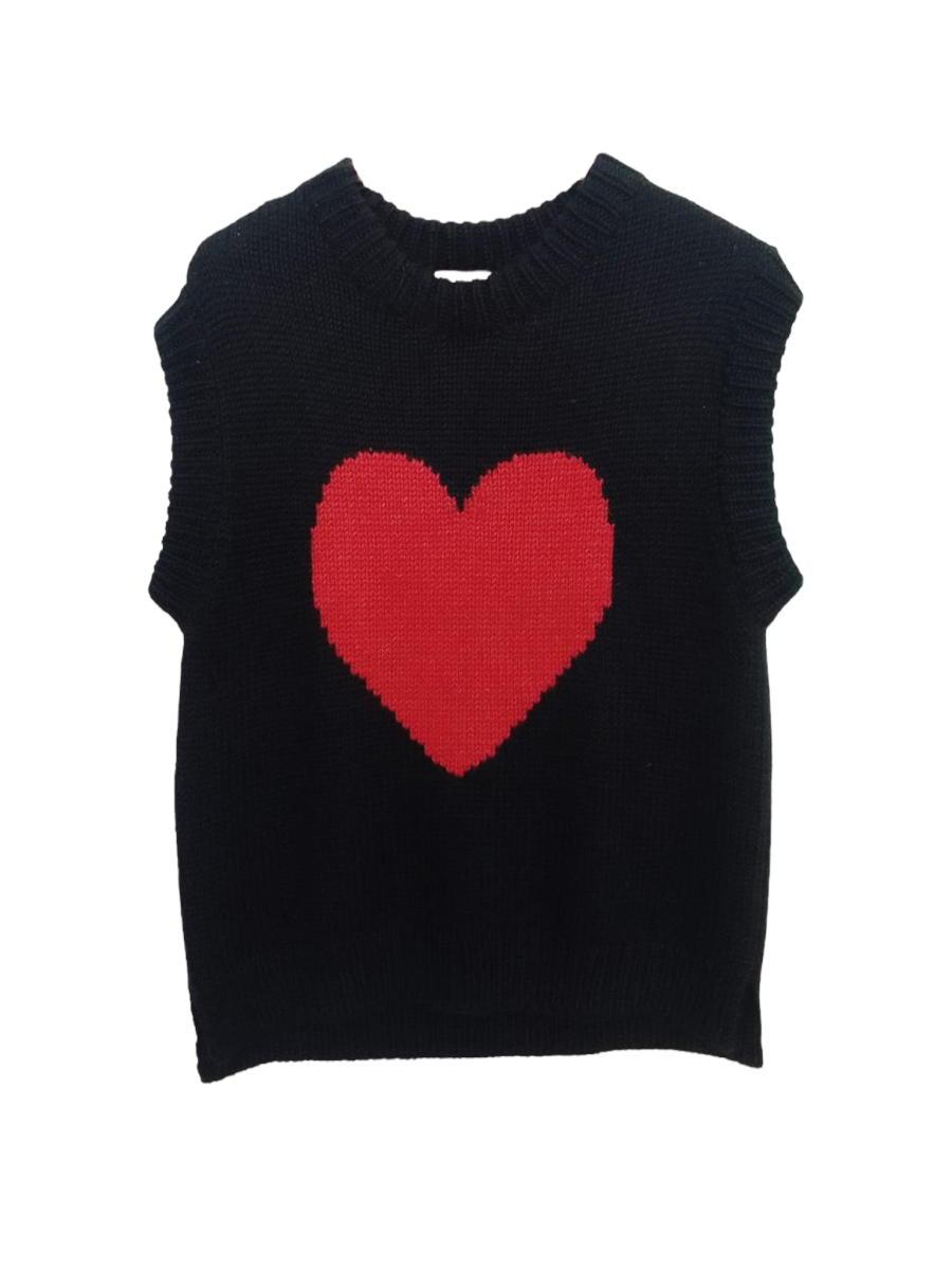 black alpaca chunky knit vest with a red heart design on the front 