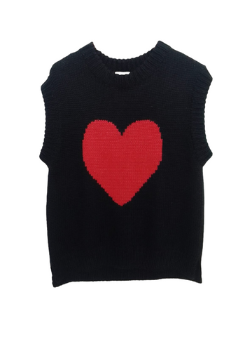 black alpaca chunky knit vest with a red heart design on the front 