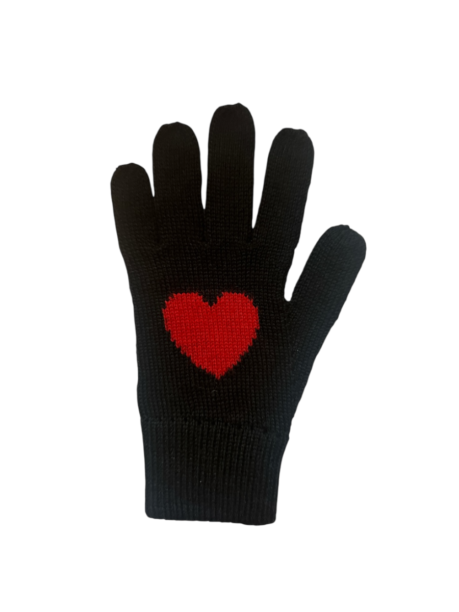 black alpaca knitted gloves with a red heart design for left hand