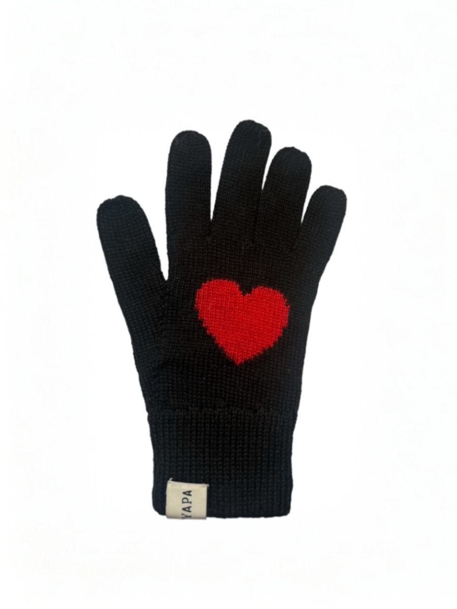 black alpaca knitted gloves with a red heart design for right hand