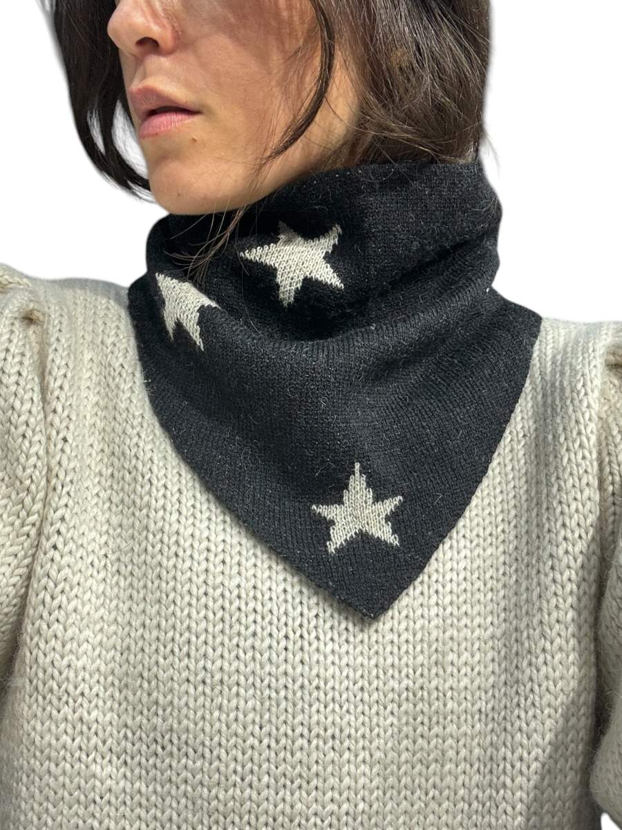 black baby alpaca bandana with white star design styled with a yapa sweater