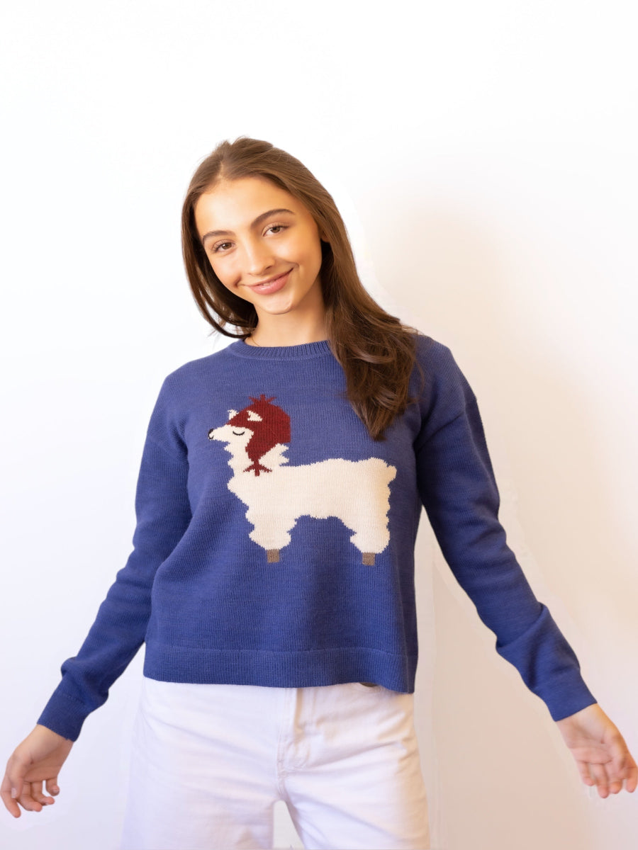 A blue alpaca sweater with a white llama wearing a red hat, worn by a model with white pants against a plain white background