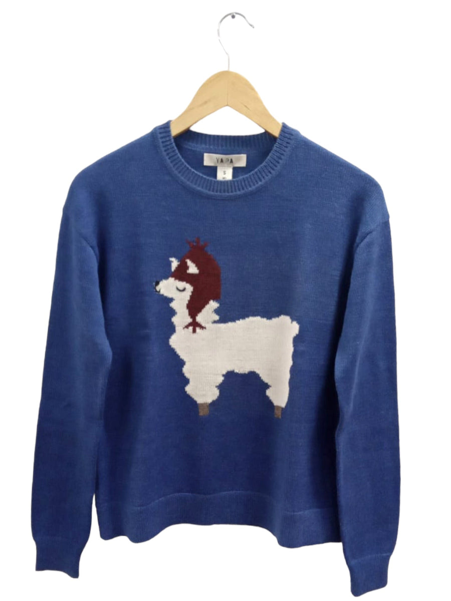 blue alpaca sweater with a white llama wearing a hat