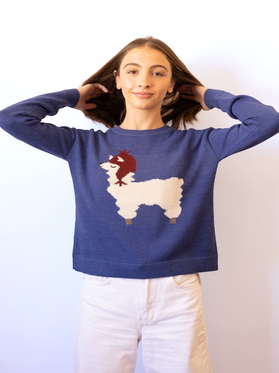 blue alpaca sweater with a white llama wearing a red hat, worn by a model with white pants against a plain white background