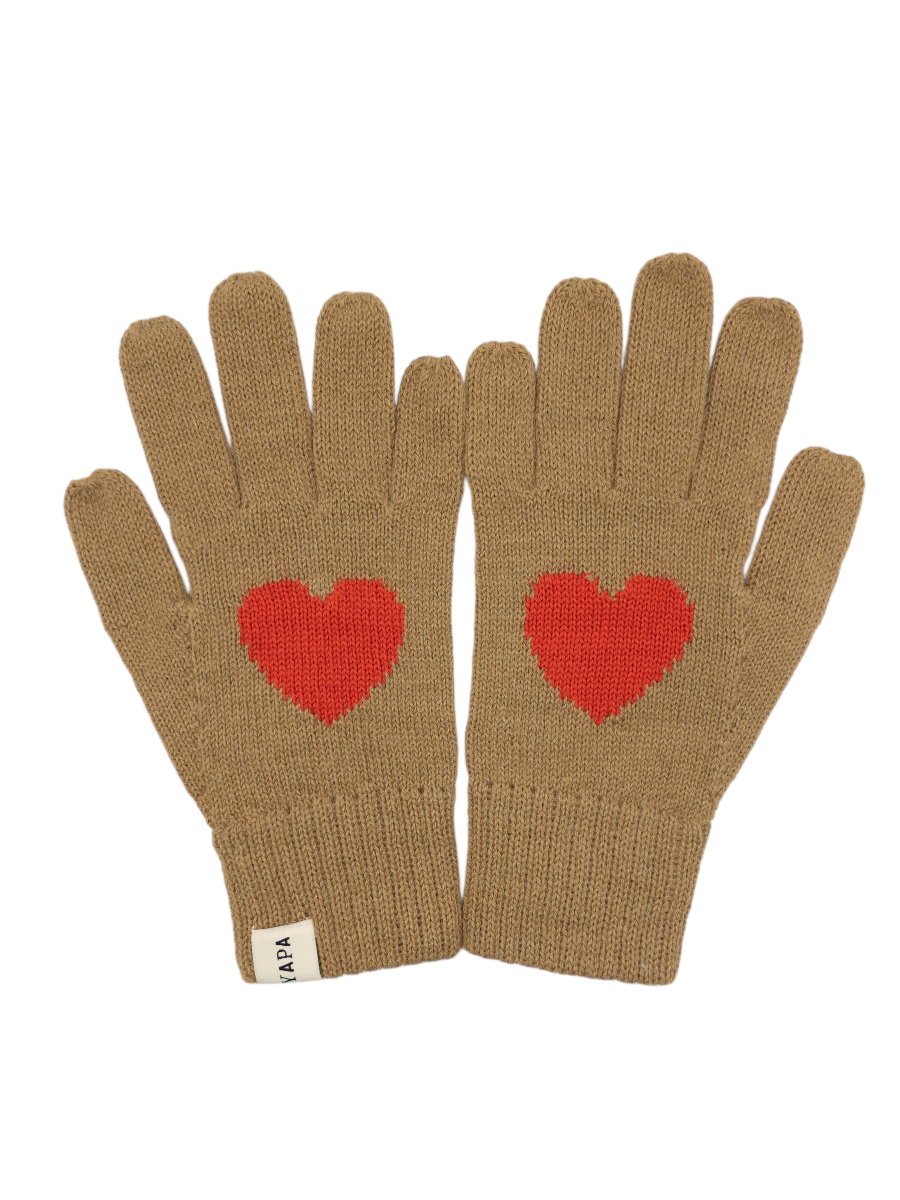 camel alpaca knitted gloves with a red heart design in each hand