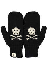 Load image into Gallery viewer, Black gloves with skull and crossbones design knitted on alpaca wool on a white background
