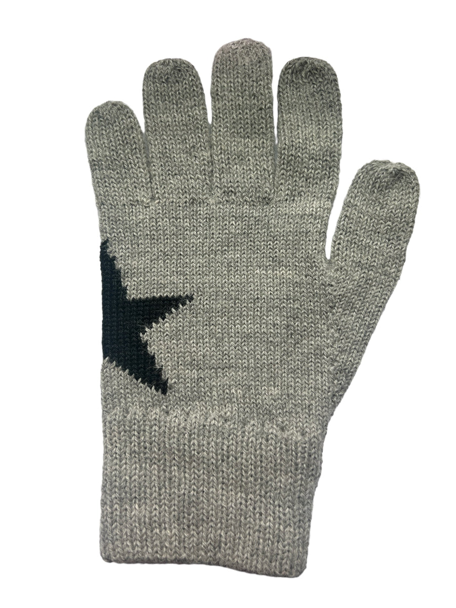 grey alpaca knitted gloves with a black star design for left hand