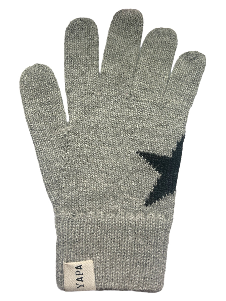 grey alpaca knitted gloves with a black star design that forms when the hands come together
