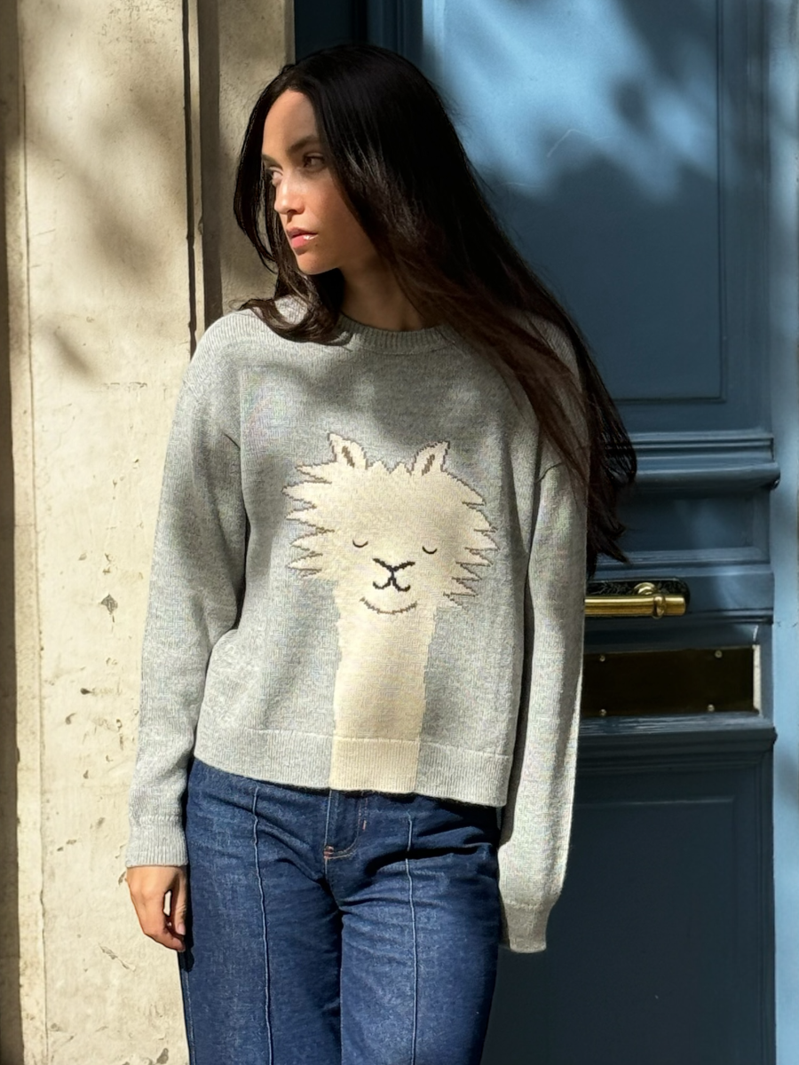 light grey alpaca knitted sweater with an alpaca face design, worn by a model against a neutral background