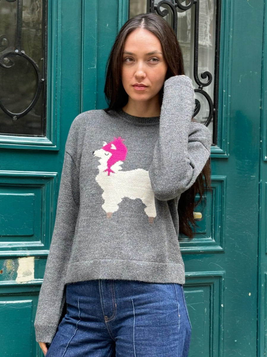 Woman wearing a grey sweater with a llama with a pink hat graphic design in front of a teal door.
