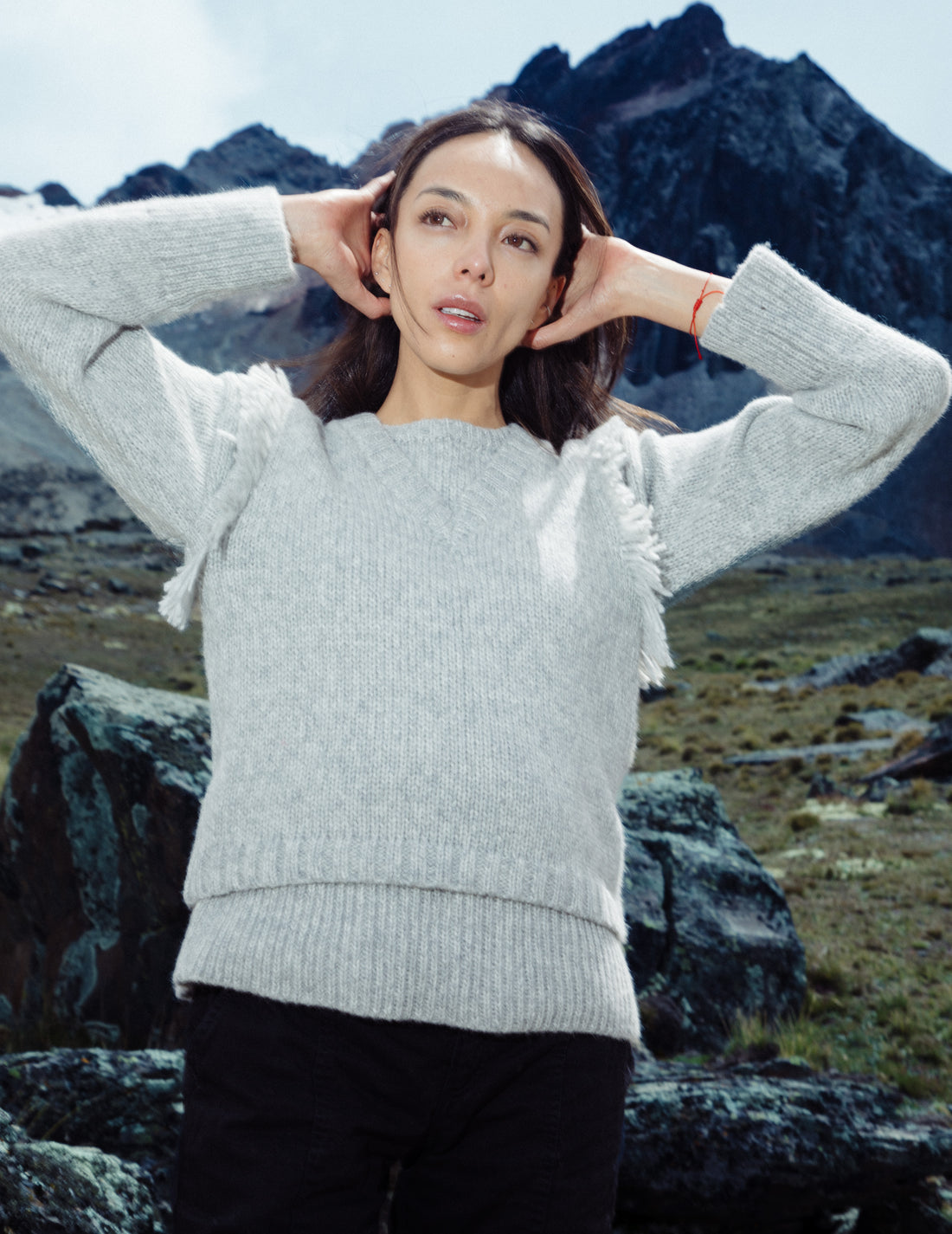 Grey Alpaca V-neck sweater vest with fringe detailing, handmade in Bolivia by YAPA with white background