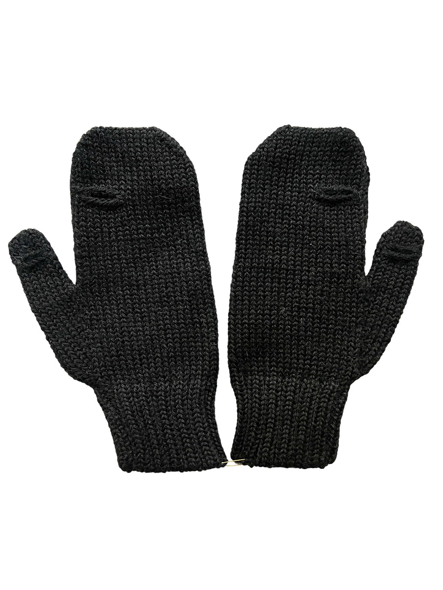 black alpaca knitted mittens with a red heart design with holes for the thumb and index finger