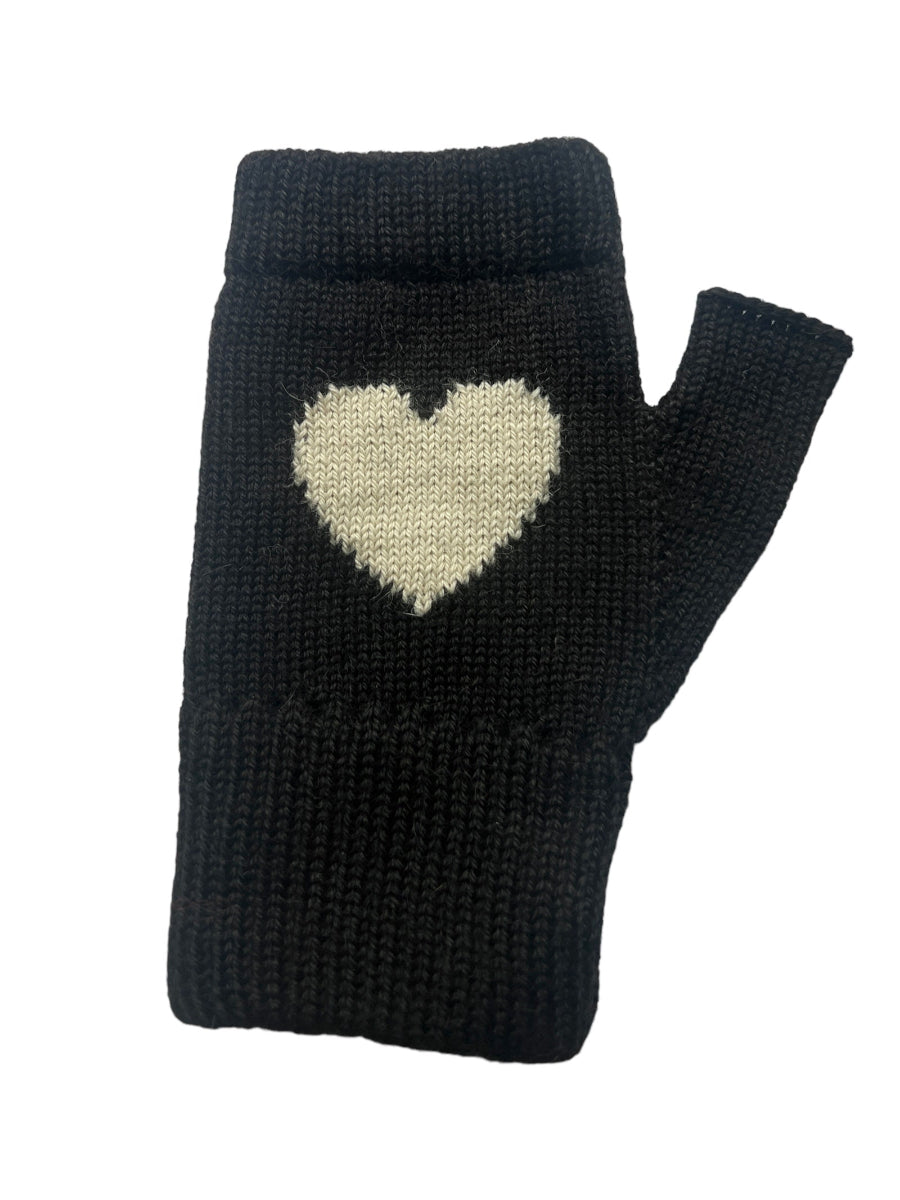  black baby alpaca wool mittens with a white heart design on the back, displayed against a white background.