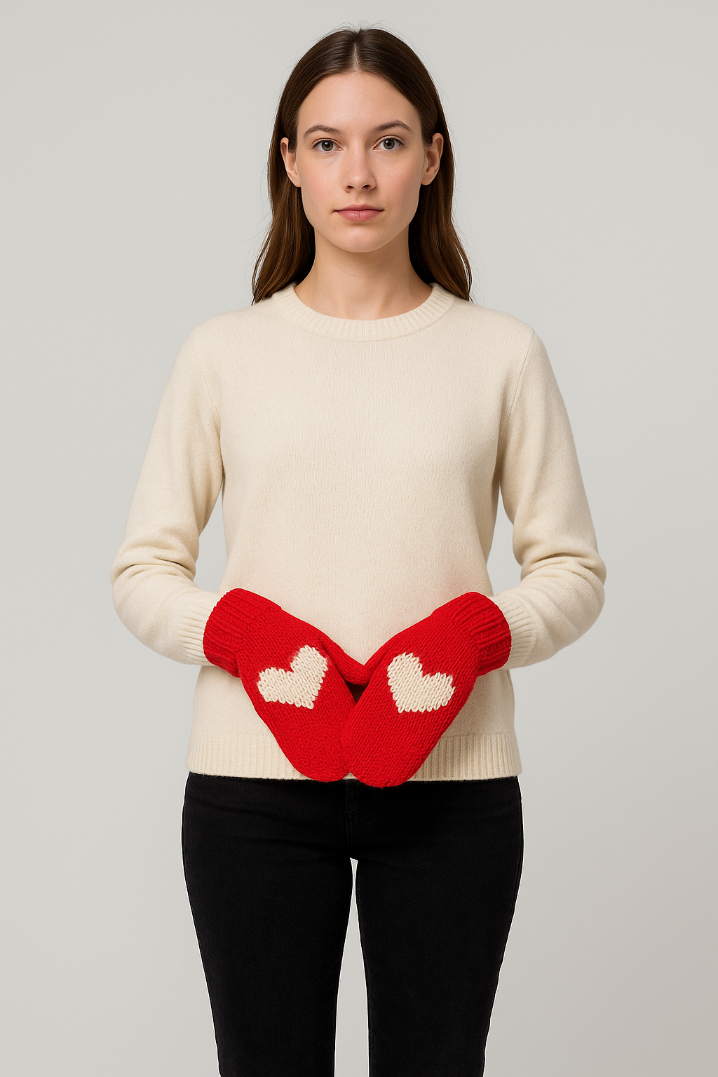 Woman wearing a cream sweater and red mittens with heart designs on a light gray background