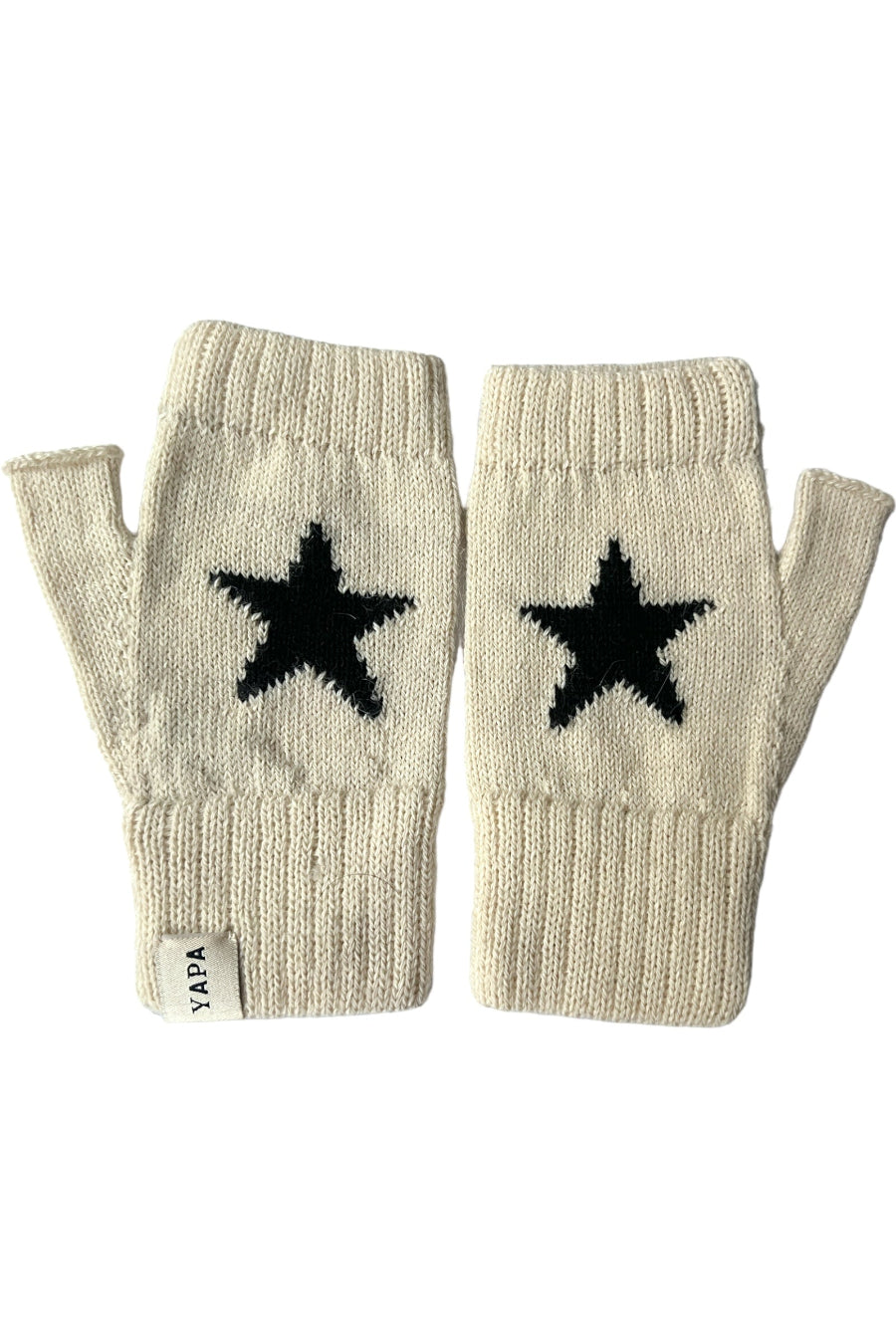 A pair of white one-size-fits-all mittens with a star pattern on the front