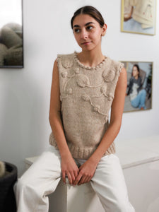 women's sweater dress handmade adorned with crochet flowers and leaves made of alpaca wool