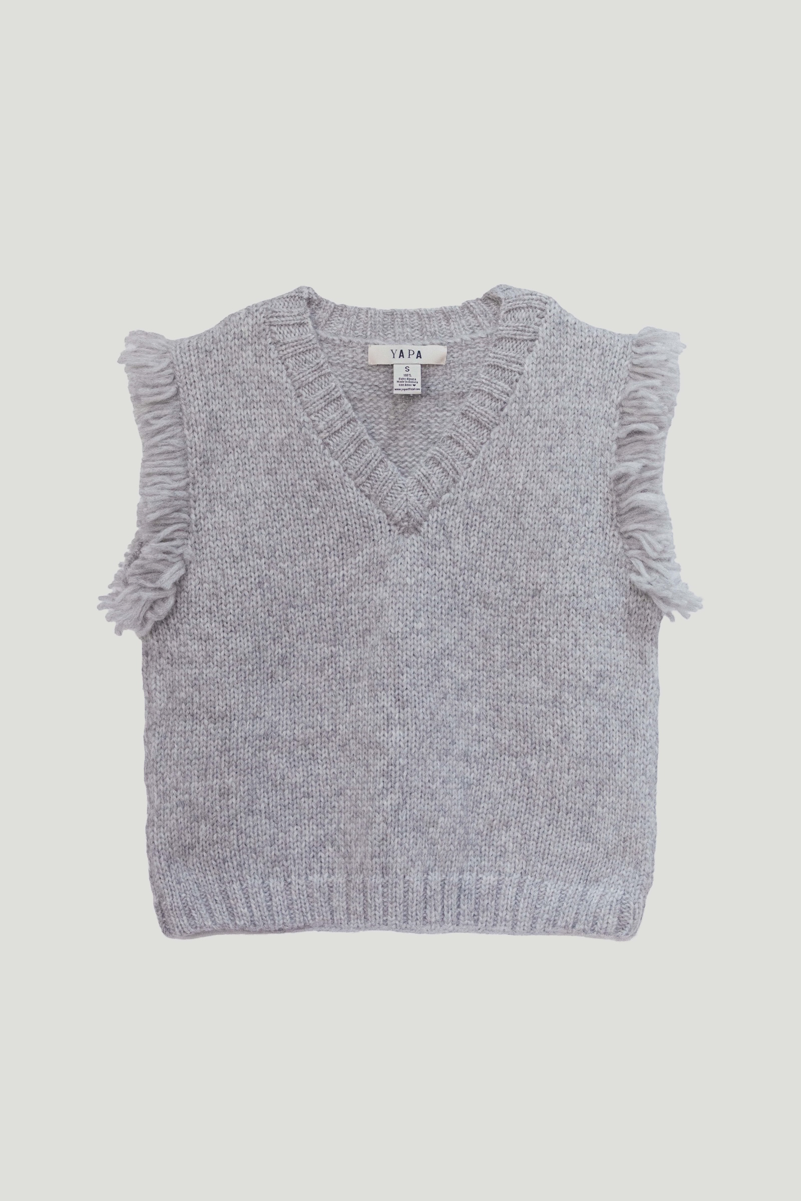 Grey Alpaca V-neck sweater vest with fringe detailing, handmade in Bolivia by YAPA with white background