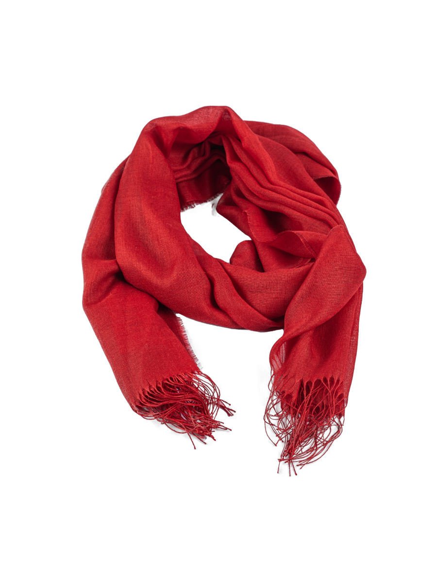 red alpaca scarf featuring a soft woven texture and fringed edges, shown against a plain background.