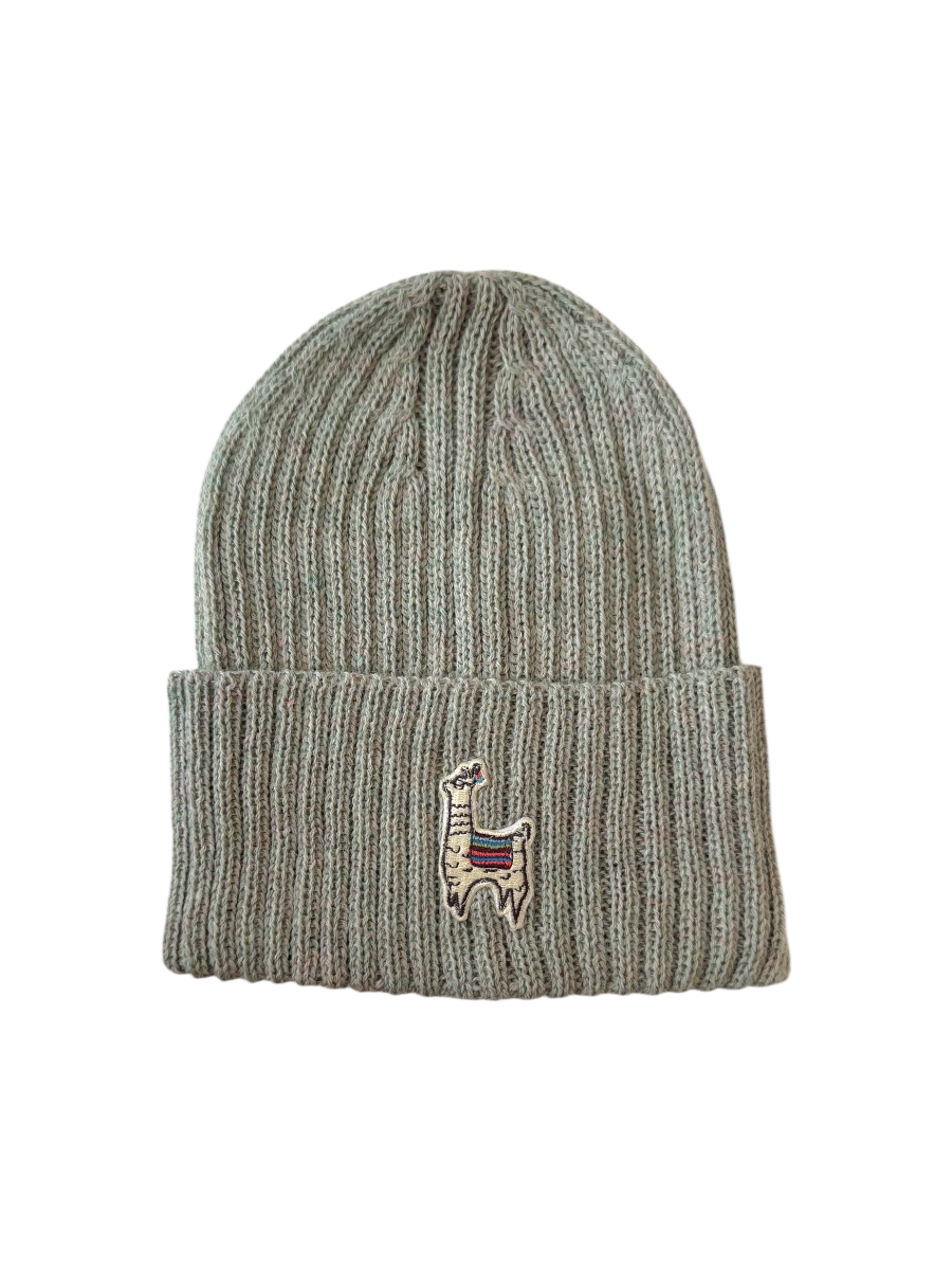 mint green knit beanie with a small embroidered llama design on a white background