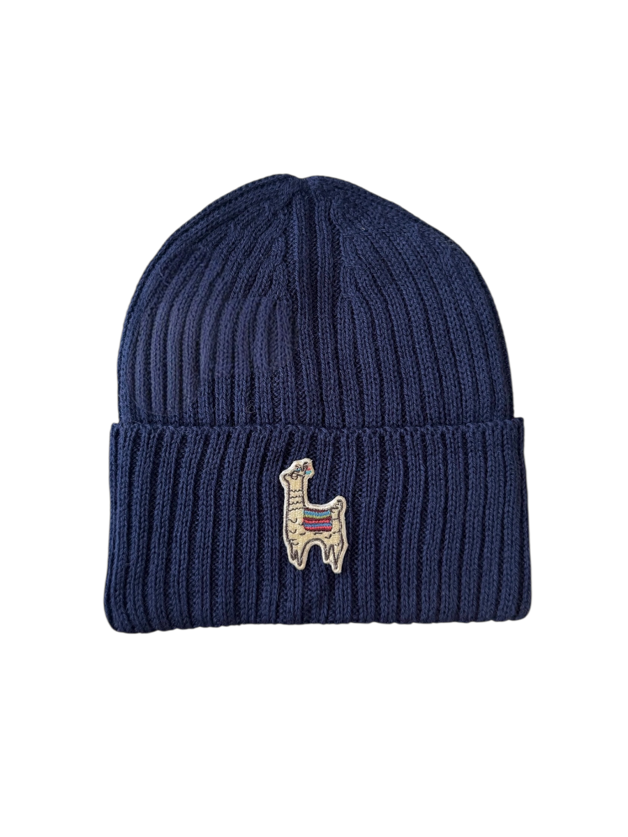 Navy blue beanie with a small embroidered alpaca yapa logo design on a white background