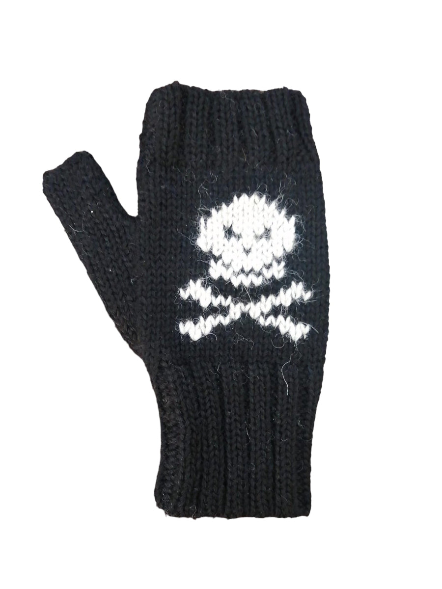 a pair knitted black mittens with skull and crossbones design knitted on alpaca wool on a white background
