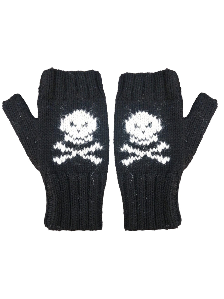 a pair knitted black mittens with skull and crossbones design knitted on alpaca wool on a white background