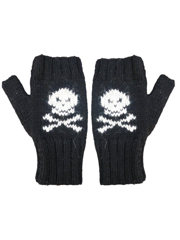 a pair knitted black mittens with skull and crossbones design knitted on alpaca wool on a white background