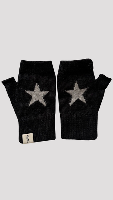black star mittens over white background