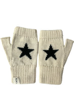 Load image into Gallery viewer, Pair of white fingerless gloves with black star designs on a white background
