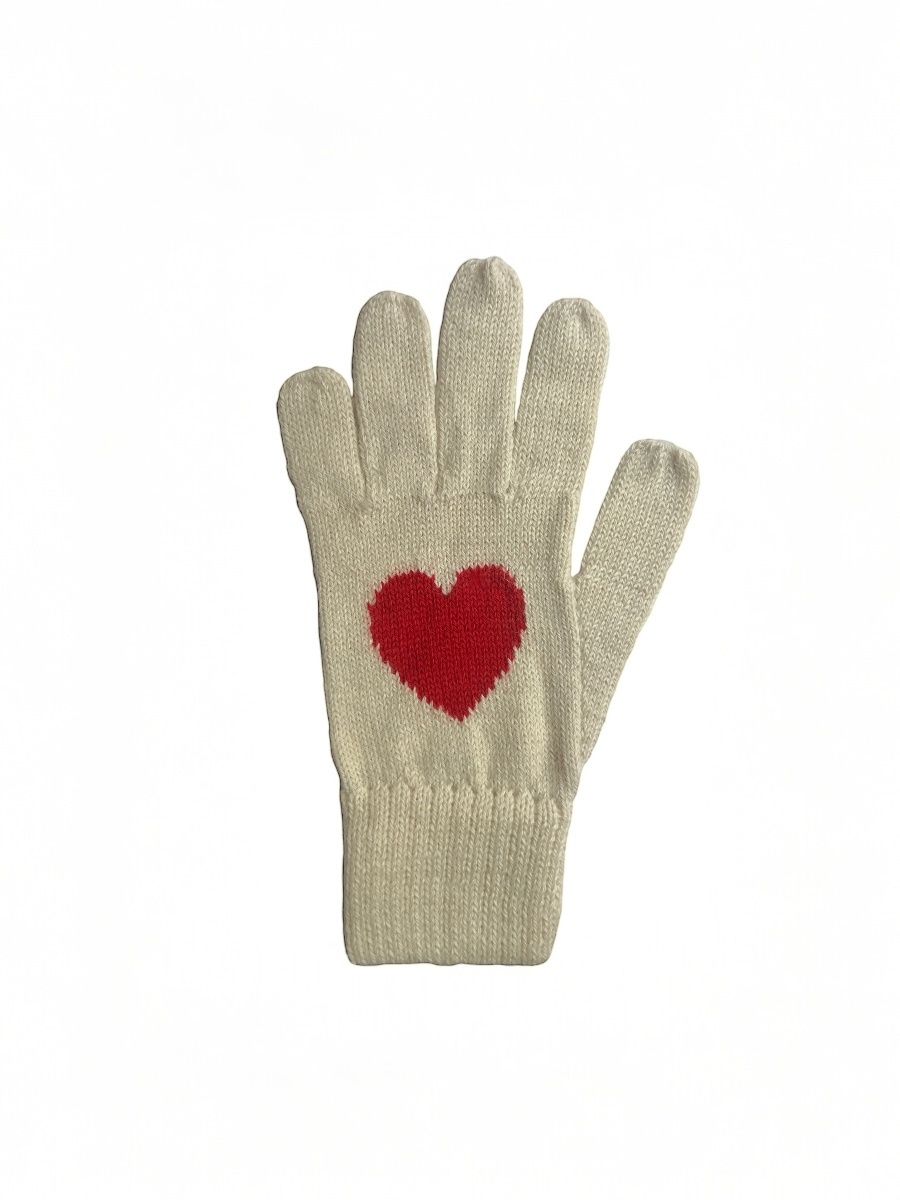 white alpaca knitted gloves with a red heart design for left hand