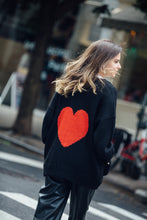 Load image into Gallery viewer, street style model with cozy alpaca cardigan black with heart hand made 
