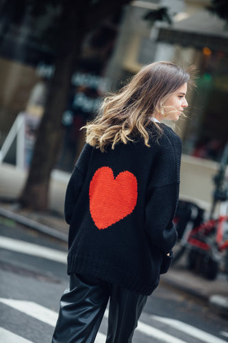 street style model with cozy alpaca cardigan black with heart hand made 