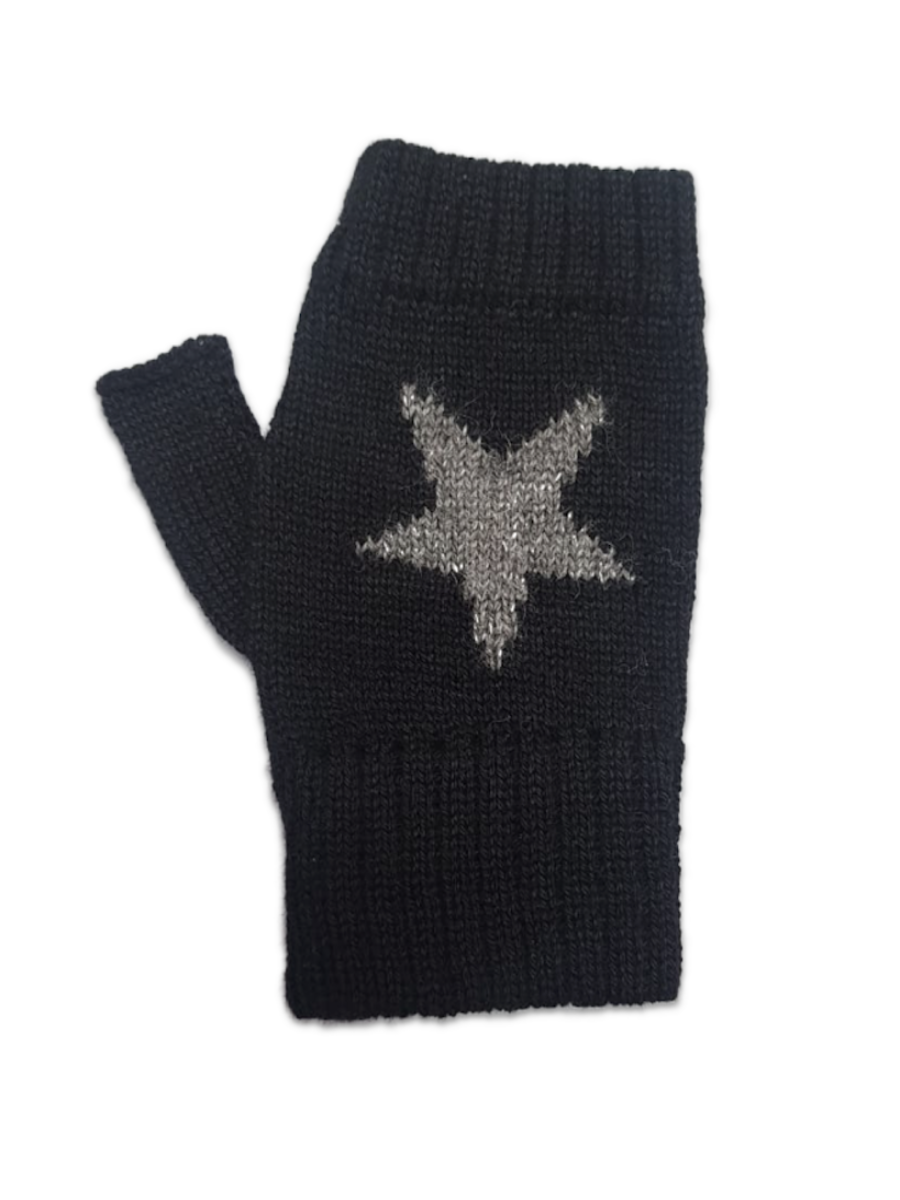 pair of black star alpaca mittens on whit background