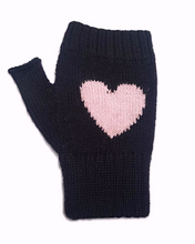 Load image into Gallery viewer, black alpaca gloves with pink heart 
