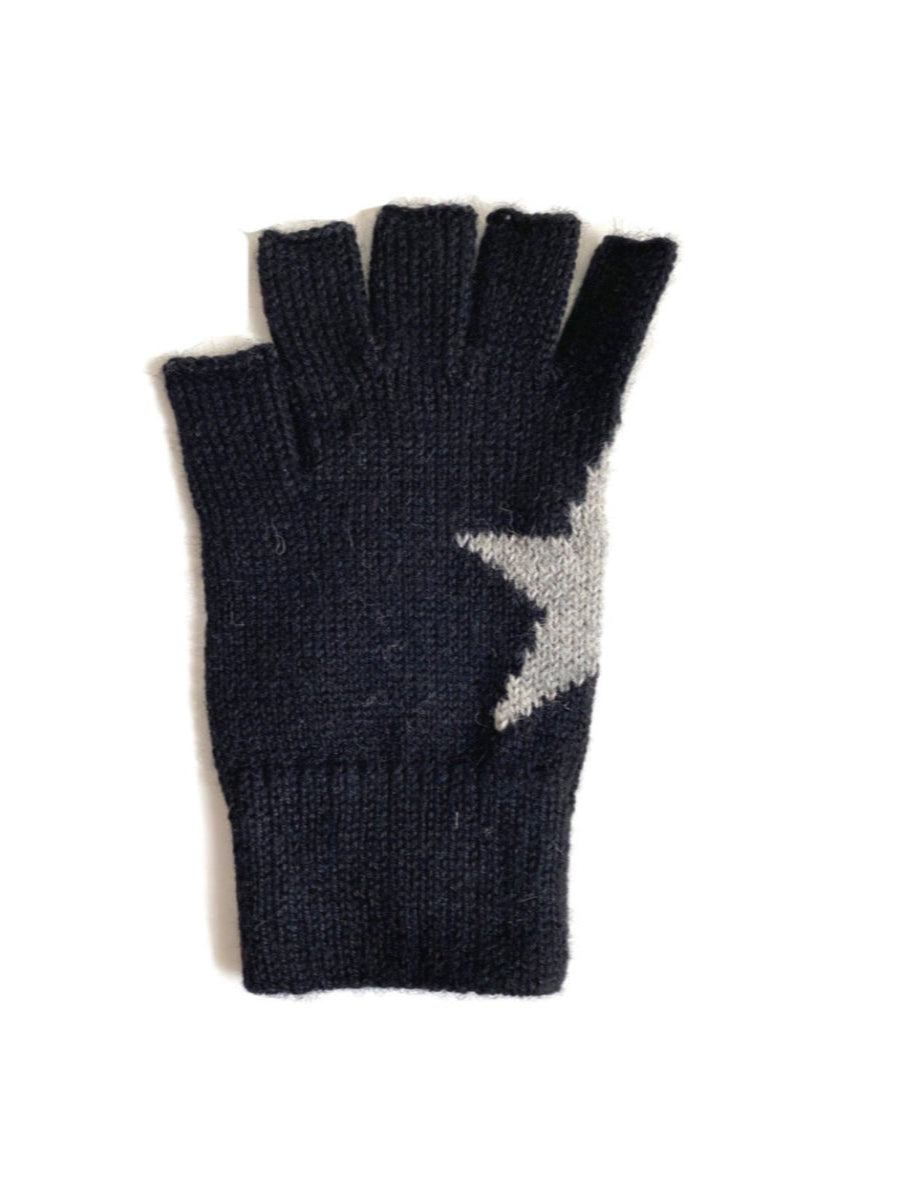 black alpaca knitted fingerless gloves with a white star design that is formed when the hands are put together