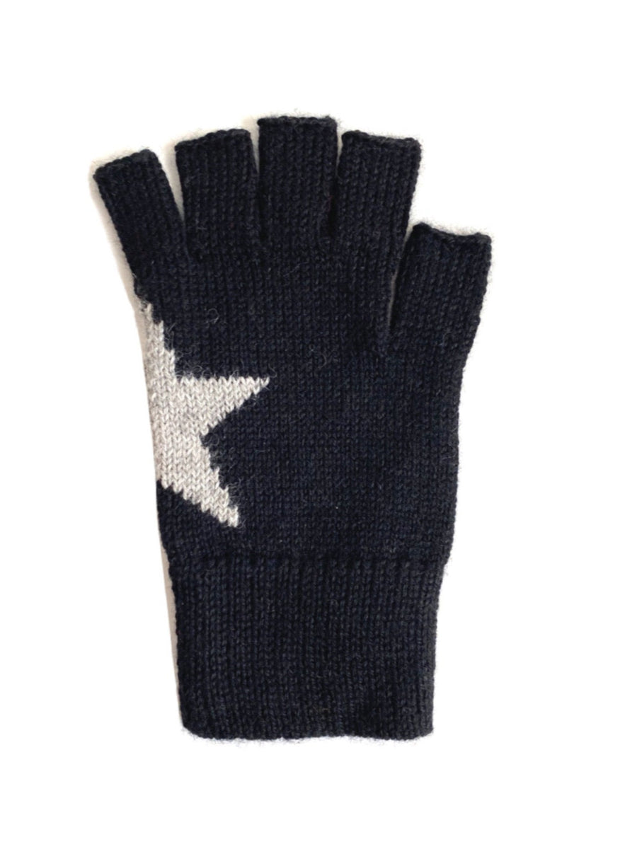 black alpaca knitted fingerless gloves with a white star design that is formed when the hands are put together