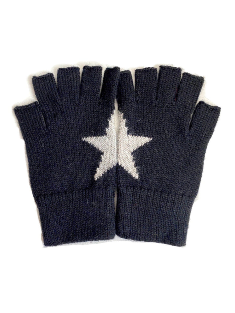 black alpaca knitted fingerless gloves with a white star design that is formed when the hands are put together