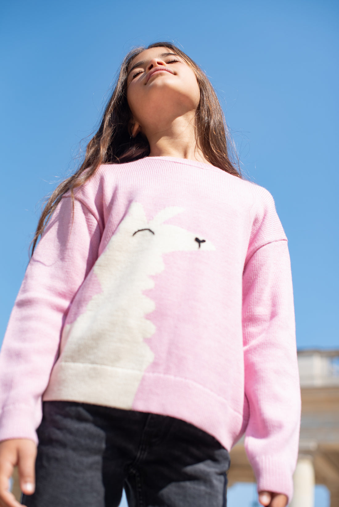 A girl wearing a pink crewneck sweater with an alpaca design and hand embroidered details, standing outdoors with a clear blue sky in the background.