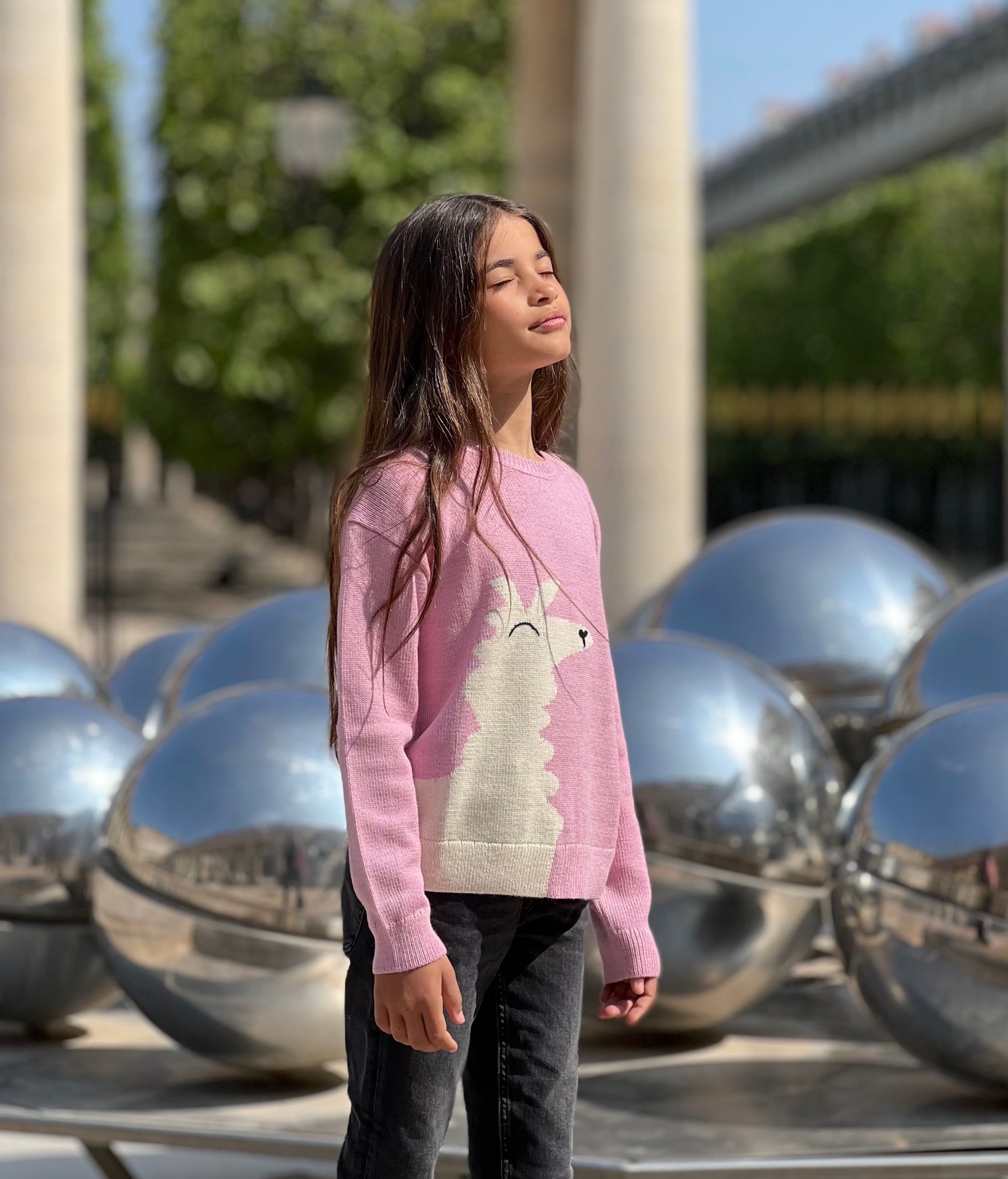 A girl wearing a pink crewneck sweater with an alpaca design and hand embroidered details, standing outdoors.