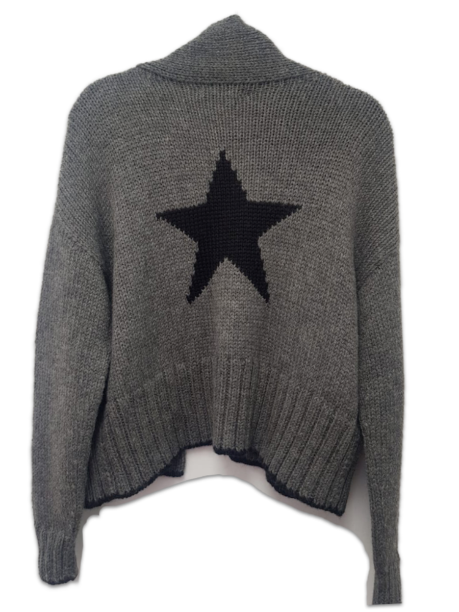 Grey alpaca chunky sweater featuring a large black star motif on the back