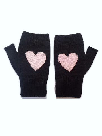 a pair of soft alpaca mittens with a pink heart design on the front, displayed against a white background.