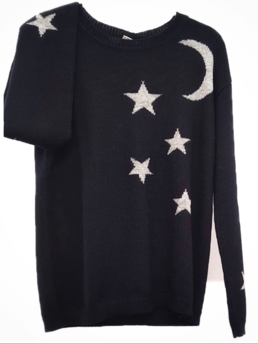 black baby alpaca knitted sweater with grey star and moon patterns